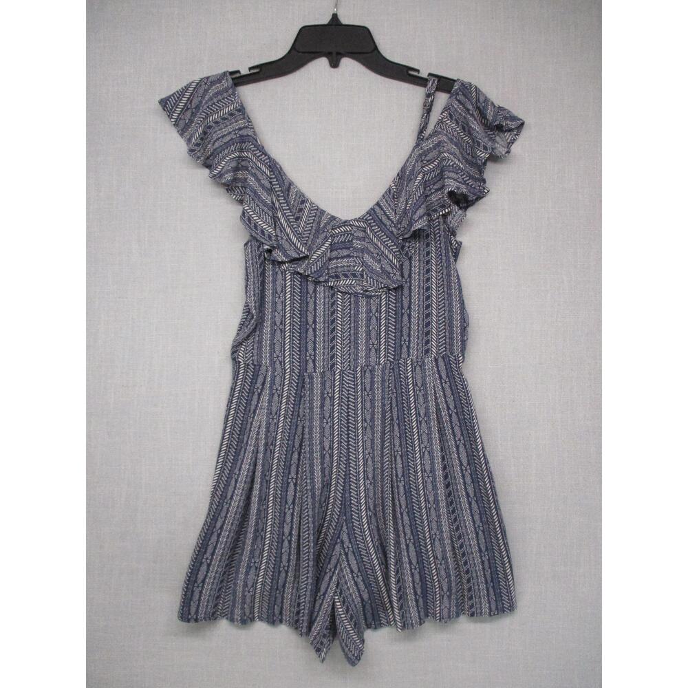 Rewind Patterned Blue Boho Ruffled VNeck Romper Womens‎ Size XS